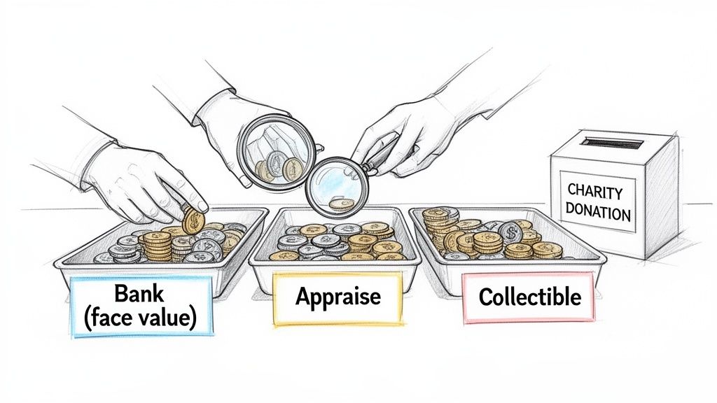 Hands examine and sort coins into categories: bank (face value), appraise, and collectible, illustrating different monetary values.
