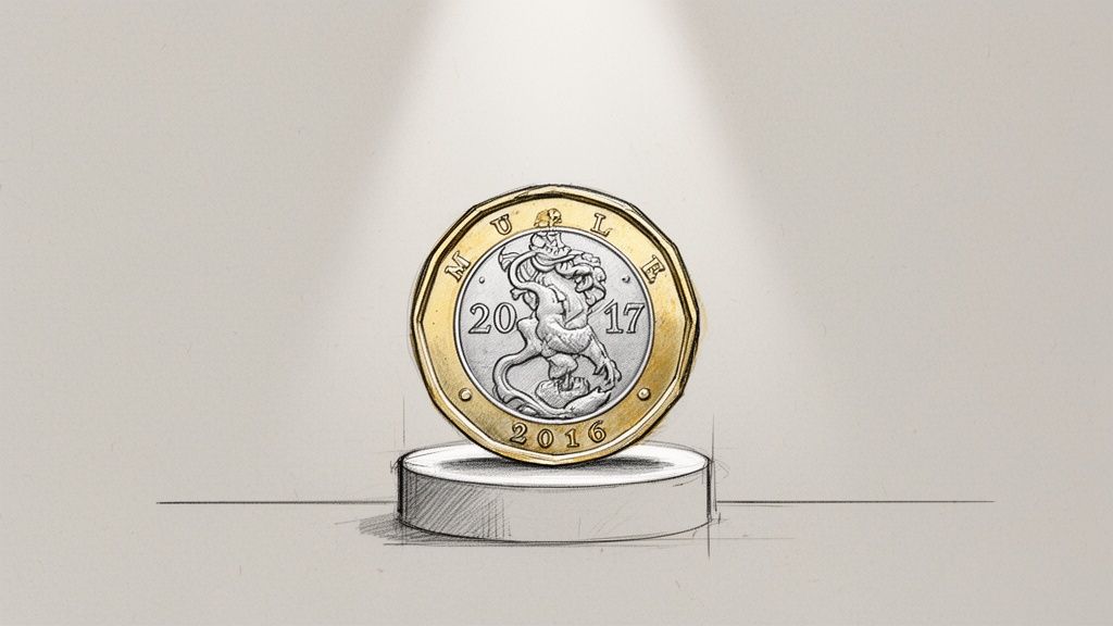 Sketch of a rare bimetallic 'mule' pound coin with lion, dates 2016, 2017 on pedestal.