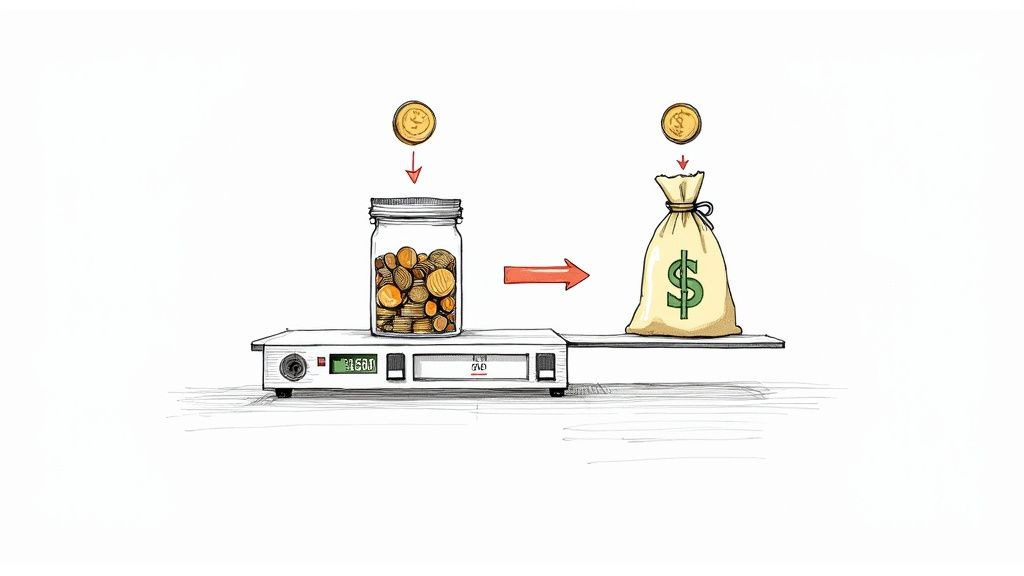 Coins collected in a glass jar on a scale convert to a money bag, symbolizing value transfer.