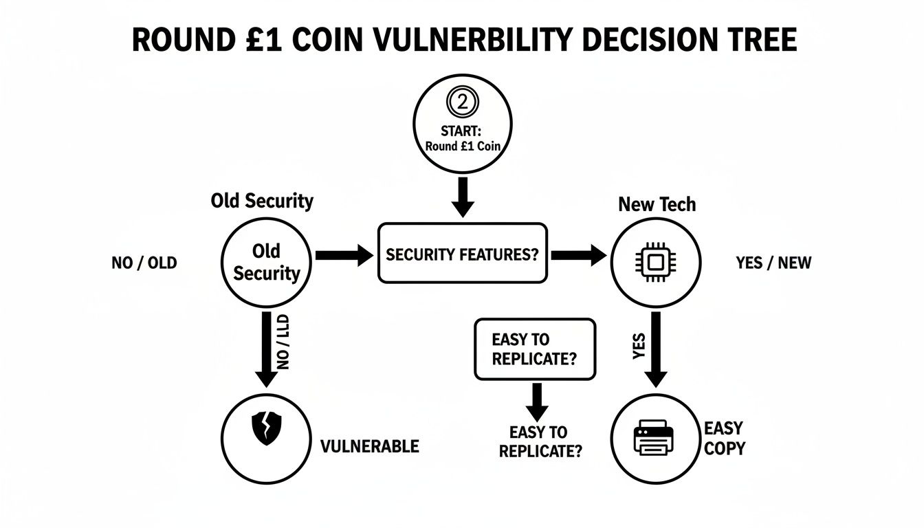 Decision tree diagram for assessing the vulnerability of old round £1 coins based on security features.
