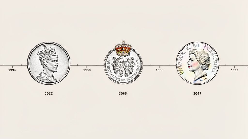Timeline displaying three coin designs: a crowned male profile, a royal crest, and Queen Elizabeth II's profile.