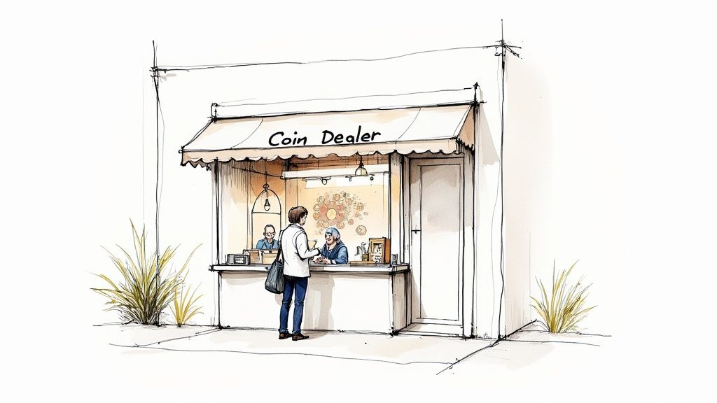 A close-up shot of a coin dealer's hands holding a vintage coin under a magnifying lamp.