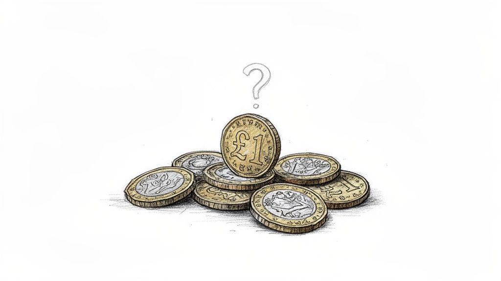 An illustration of a pile of British pound coins with a question mark floating above them.