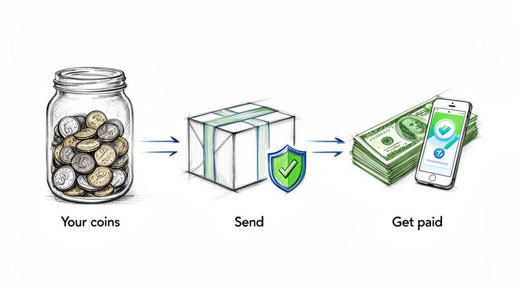 Illustration showing coins being sent for conversion into cash received via mobile payment.