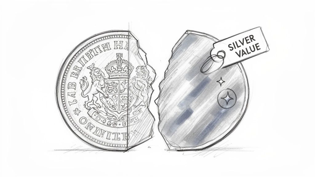 A broken coin illustration, one half showing detailed currency design, the other revealing intrinsic silver value with a tag.