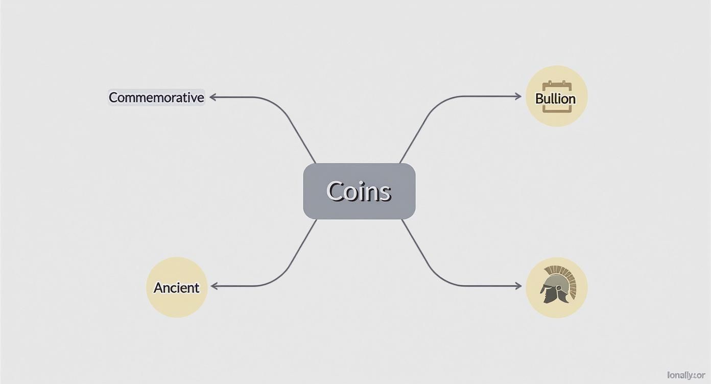 Mind map diagram showing four main categories of collectible coins: commemorative, bullion, ancient, and historical
