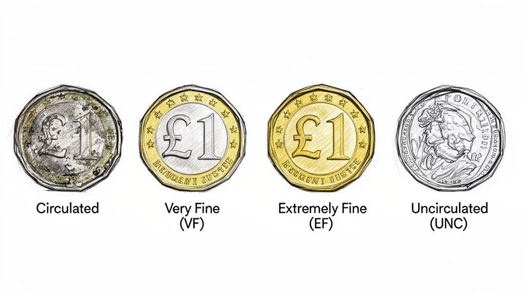Four illustrated coins showing different conditions: Circulated, Very Fine, Extremely Fine, and Uncirculated.