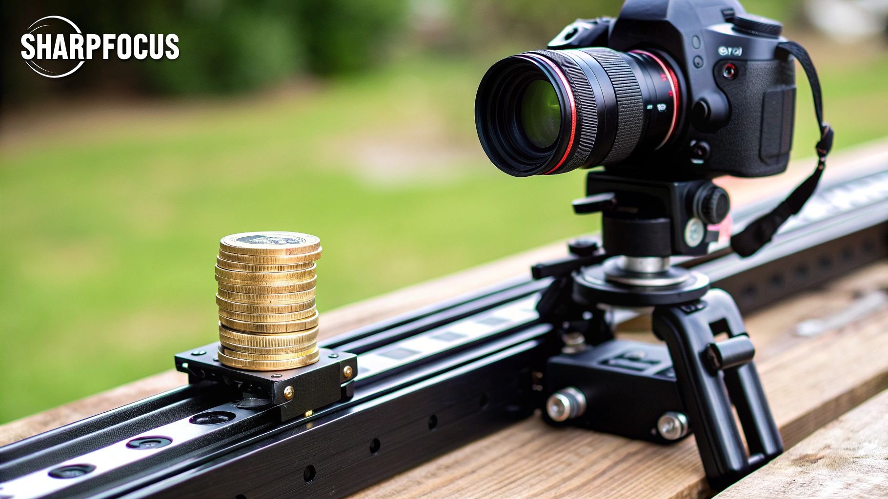 A gloved hand holding a coin with tweezers, with camera and lighting setup in the background.