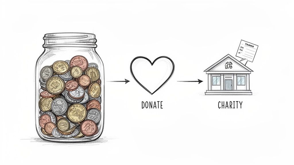 Coins in a jar, an arrow pointing to a heart with 'DONATE', then to a 'CHARITY' building.