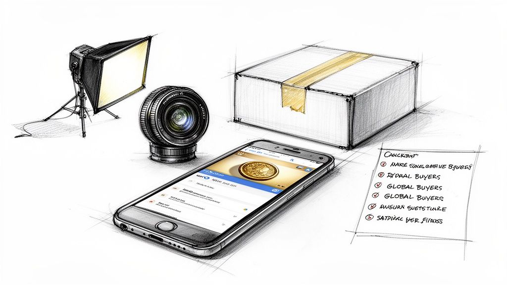 A sketch showing a studio light, camera lens, smartphone with a coin, shipping box, and a checklist.