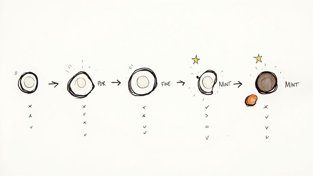 Hand-drawn illustration depicting a coin's condition progression, from poor to fine to mint, with stars and checks.