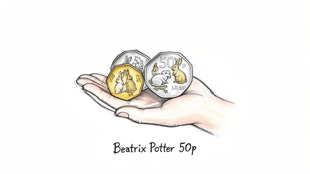 A hand gently holds three Beatrix Potter 50p coins featuring various rabbit characters.