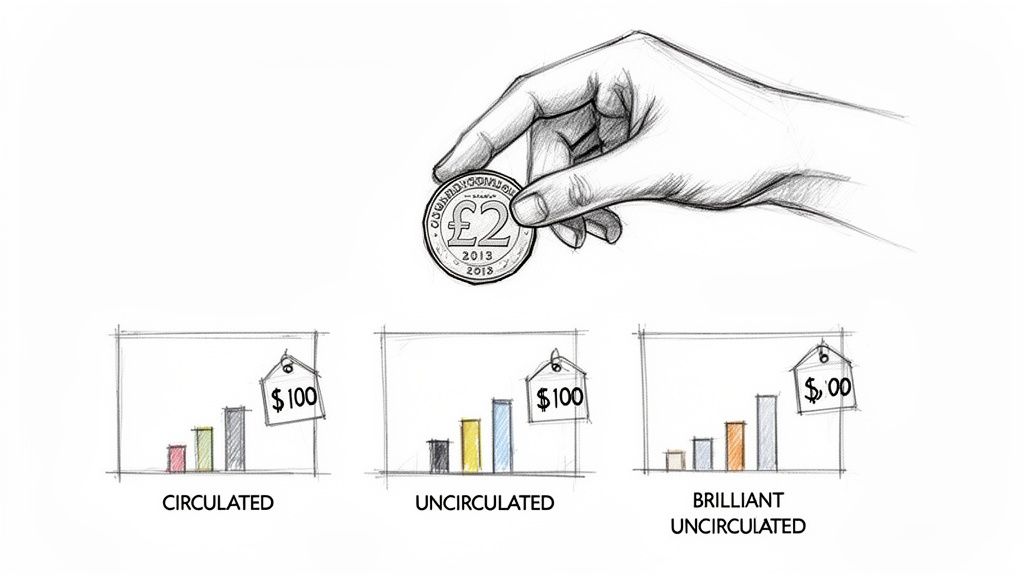 A hand holding a 2013 two-pound coin, with three charts below showing different coin conditions and their $100 value.