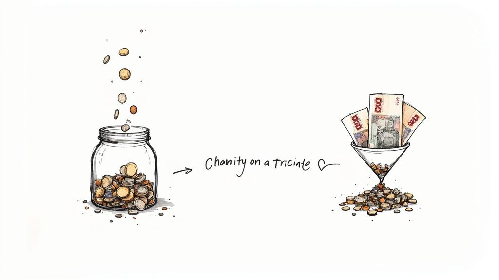 Illustration showing coins dropping into jar transforming into banknotes in funnel, charity trickle concept