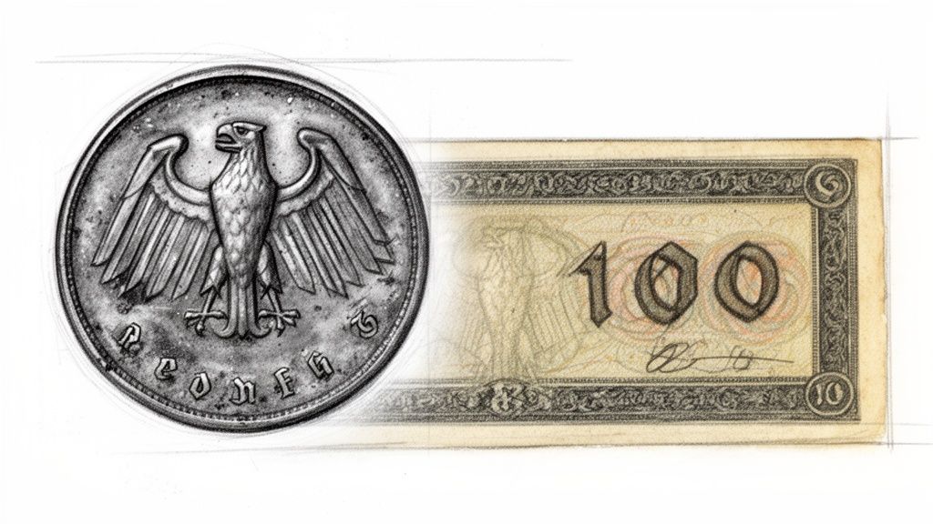 A detailed sketch of an old German coin featuring an eagle and a 100 Reichsmark banknote.
