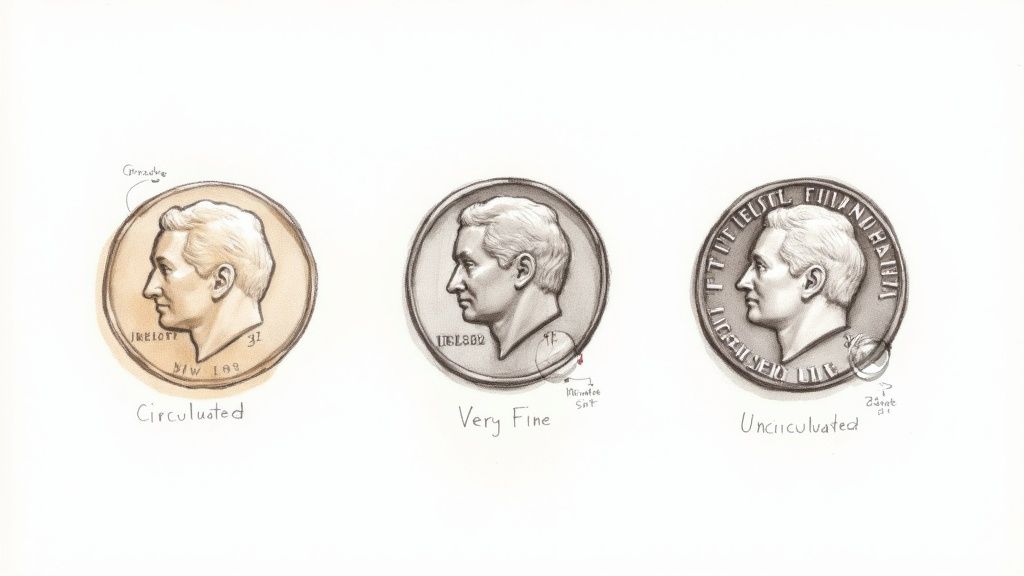 A magnifying glass hovering over a 1953 5 shilling coin, examining its details.