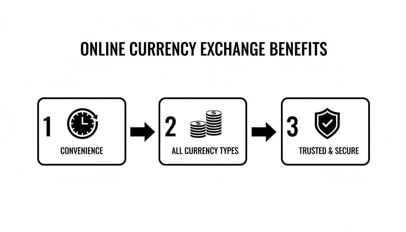 An infographic illustrating three key benefits of online currency exchange: convenience, all currency types, and trusted security.