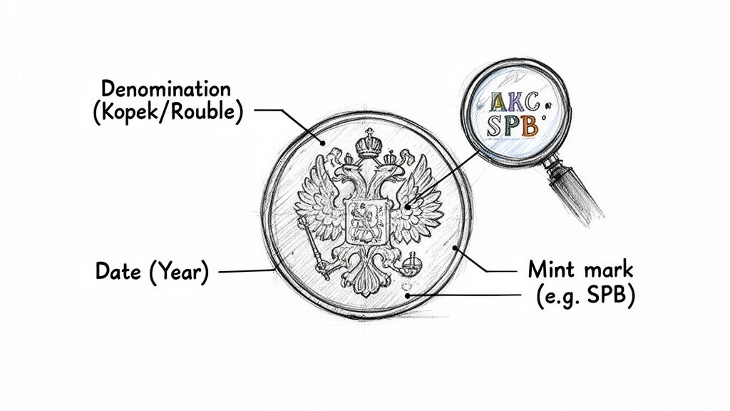 A sketch of a Russian coin showing its features: denomination, date, and a magnified mint mark.