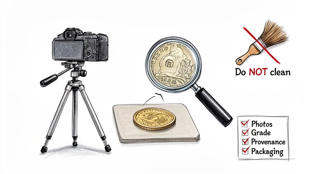 An illustration of coin preparation for sale, including photography, inspection, and a 'Do NOT clean' warning.