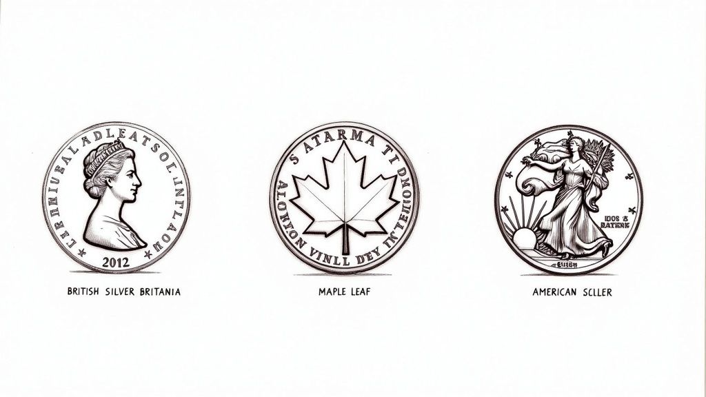 A collection of various silver bullion coins laid out on a dark surface.