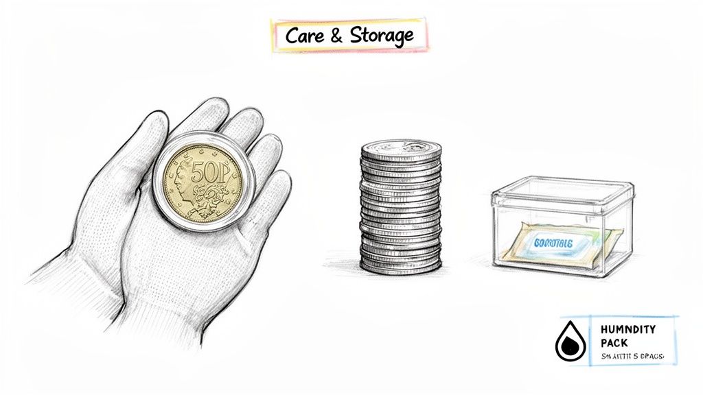 Illustration showing proper coin care and storage, including a cased 50p coin, stacked coins, and a humidity pack.