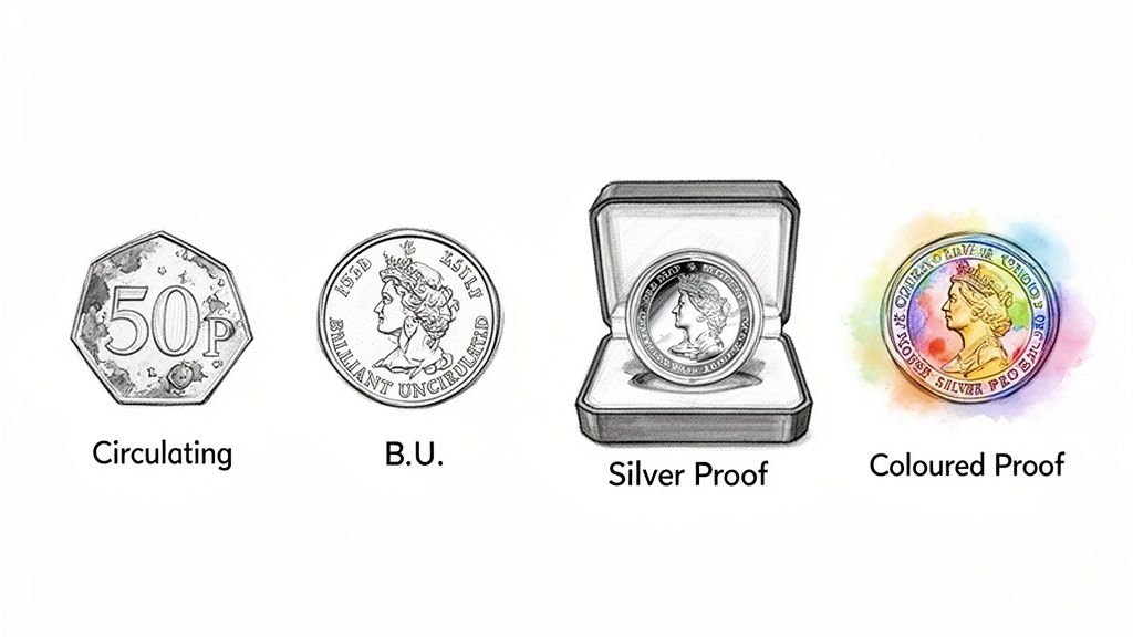 Four coin illustrations displaying different finishes: circulating, brilliant uncirculated, silver proof, and coloured proof.