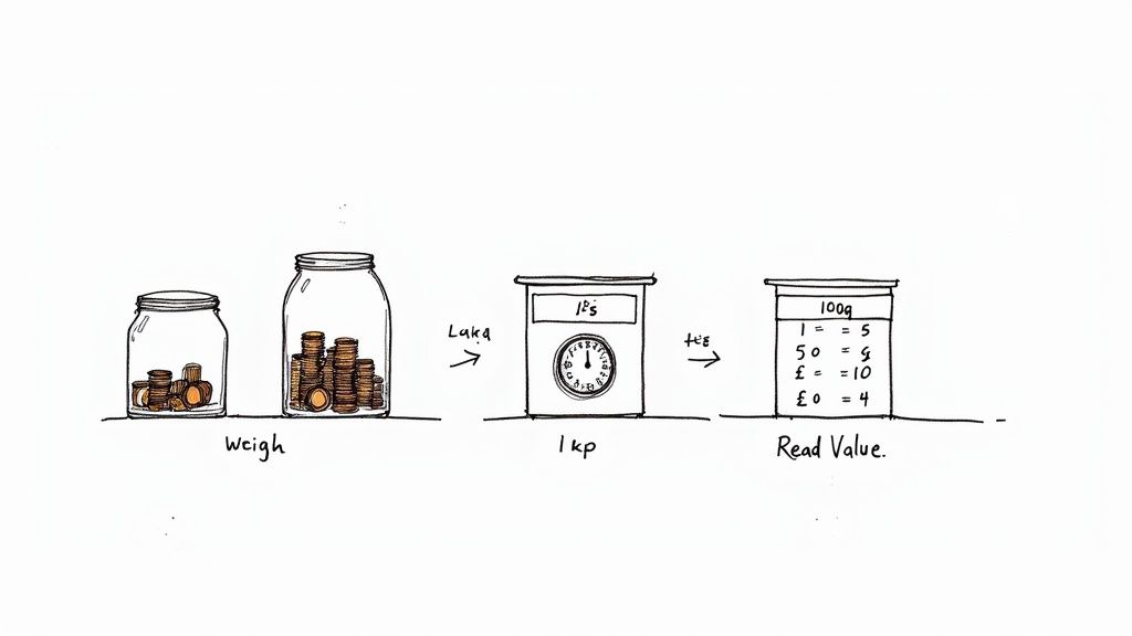 A diagram illustrating the process of weighing coins in jars and reading their monetary value.