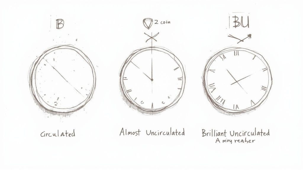 A magnifying glass held over a Beatrix Potter 50p coin, focusing on the details.