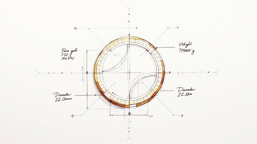Detailed blueprint of a gold coin showing weight, purity, and diameter measurements.