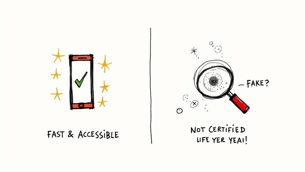 Illustration comparing a fast, accessible mobile app with an unverified, potentially fake item.