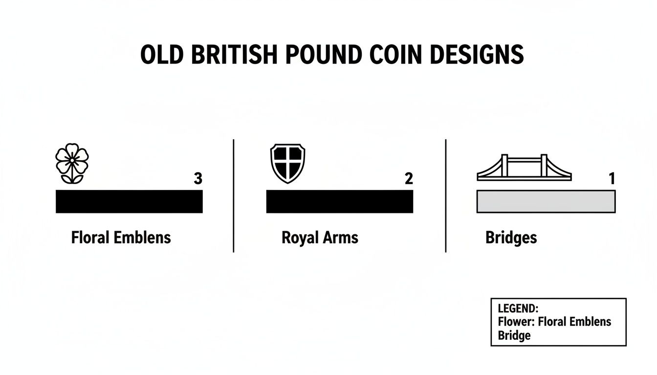 Chart showing three old British pound coin designs: Floral Emblems, Royal Arms, and Bridges.