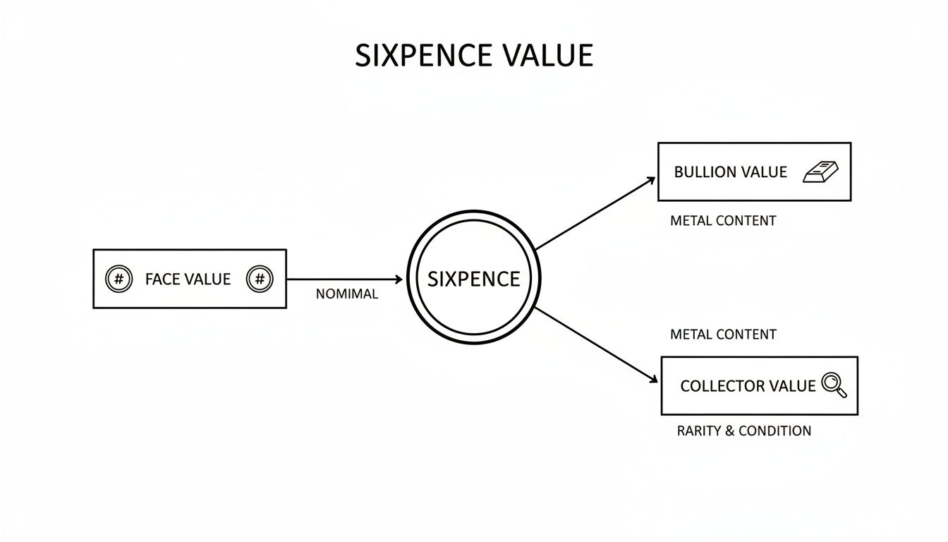 Flowchart showing how Sixpence value is determined by face, bullion, and collector aspects.
