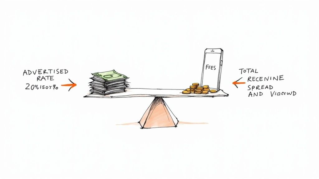 Balance scale comparing advertised exchange rates with fees against total revenue spread and markup