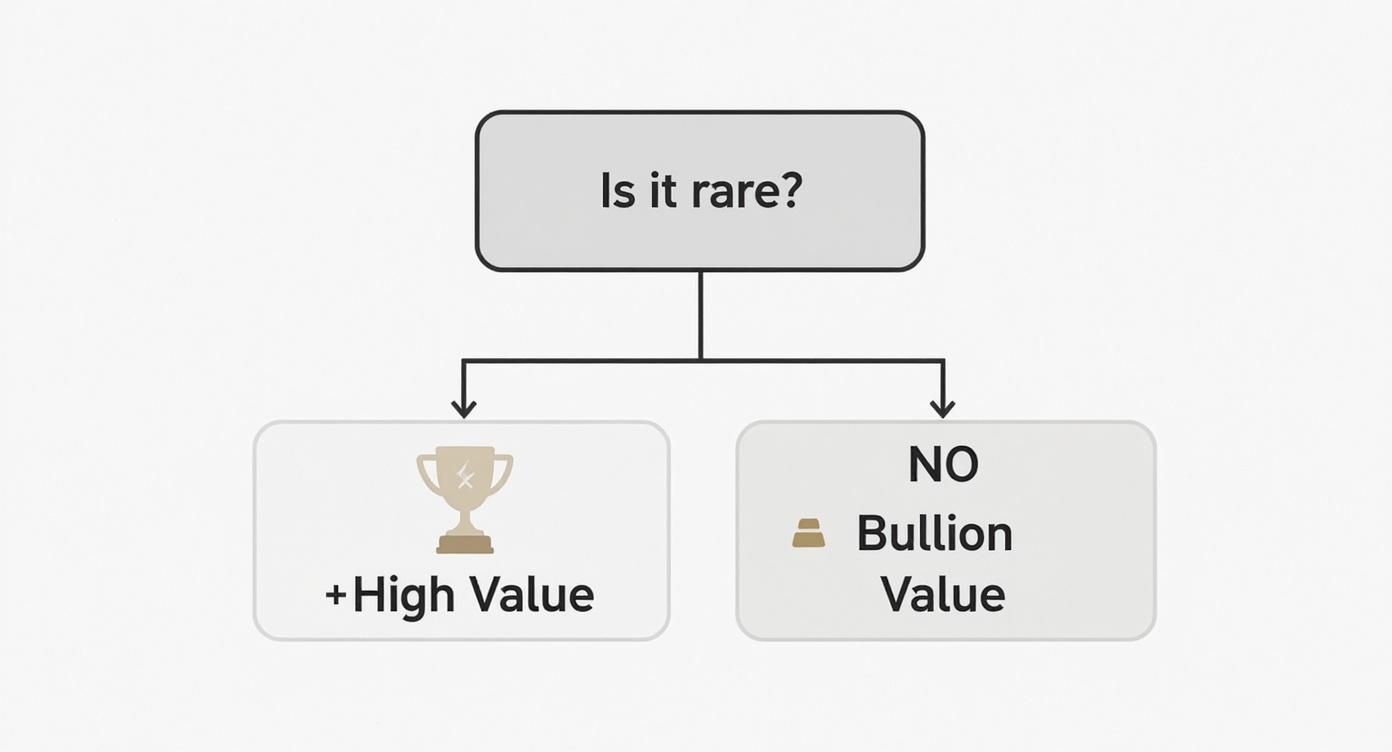 Flowchart showing gold value determination based on rarity with high value and bullion value outcomes