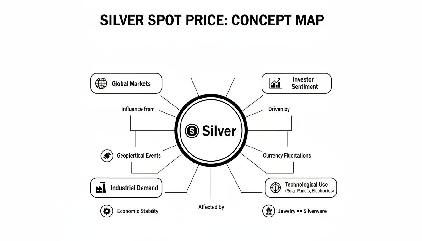 Concept map illustrating factors affecting silver spot prices, including global markets, investor sentiment, and industrial demand.