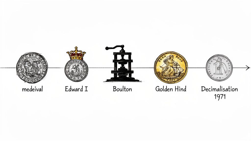 Illustrated timeline depicting the history of British coins and minting from medieval times to 1971 decimalization.