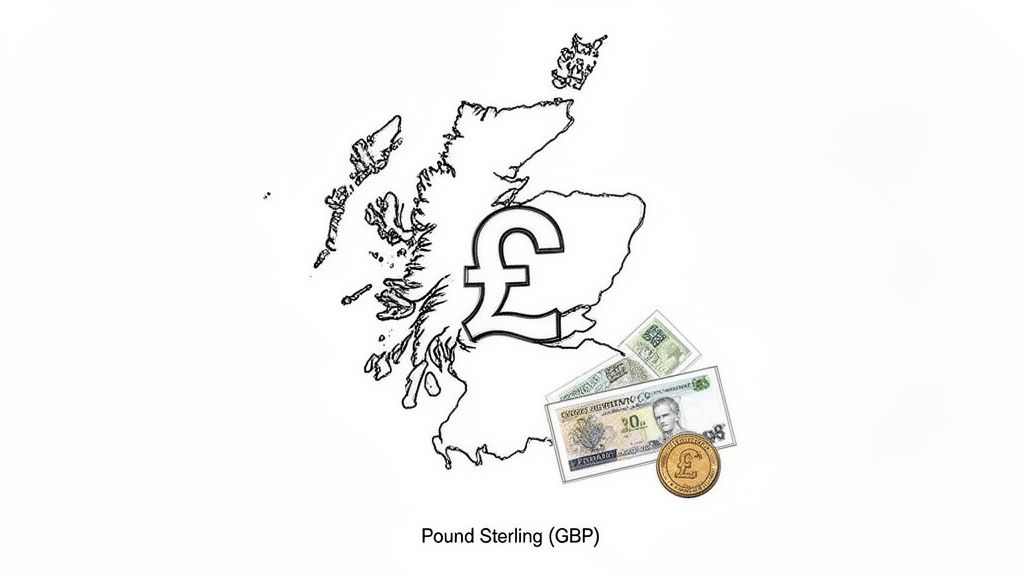 Outline map of Scotland with Pound Sterling symbol, banknotes, and a coin representing the currency.