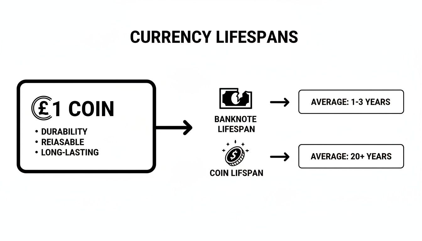 A diagram comparing currency lifespans, showing a £1 coin's durability versus banknote and coin average lifespans.