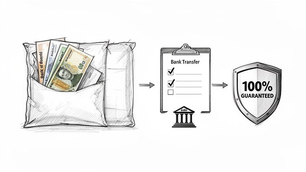 Illustration depicting a secure bank transfer process from cash to a 100% guaranteed digital transaction.