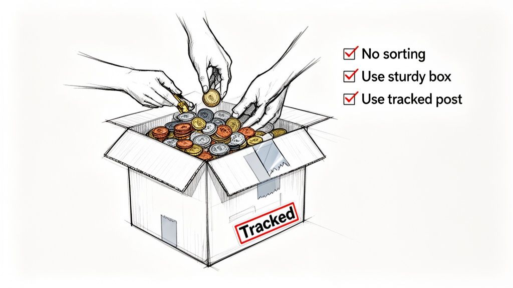 Hands drop unsorted coins into a sturdy, tracked cardboard box with shipping instructions.