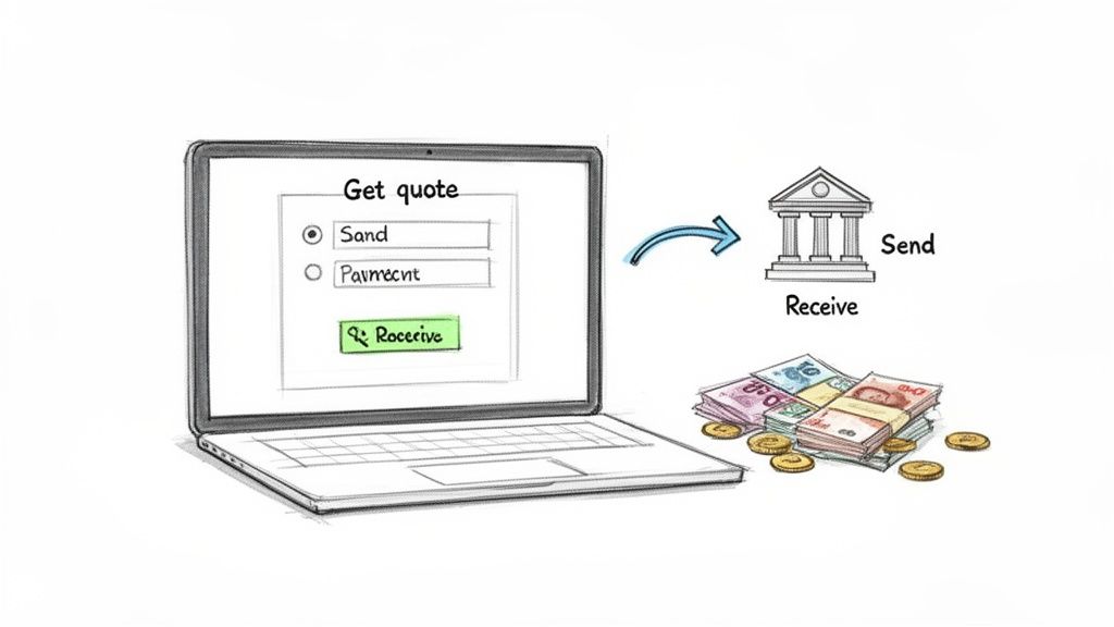 A laptop screen shows an interface for sending or receiving money, connected to a bank and physical cash.