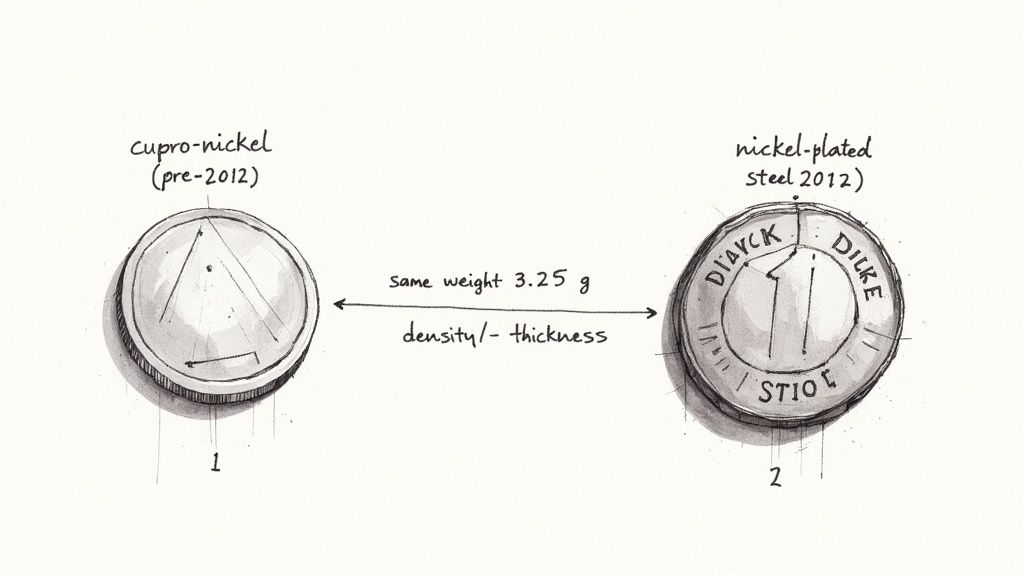 Hand-drawn illustration comparing pre-2012 cupro-nickel coin with 2012 nickel-plated steel coin, highlighting same weight.