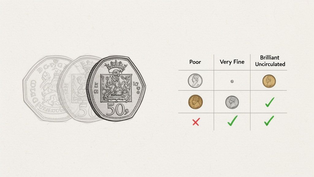 Illustration of three 1969 50p coins next to a coin condition grading chart.