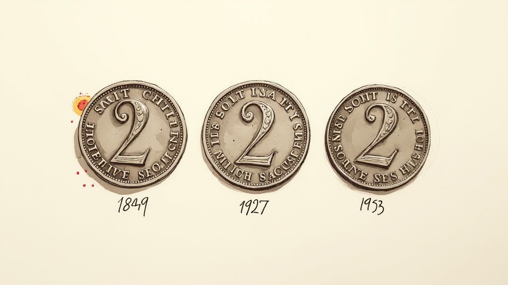 A close-up of a silver 2 shilling coin held between fingers, showing intricate details.