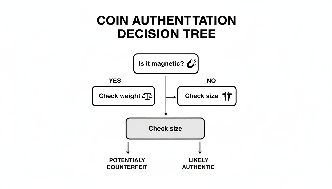 A coin authentication decision tree flowchart showing steps to identify potentially counterfeit or likely authentic coins.