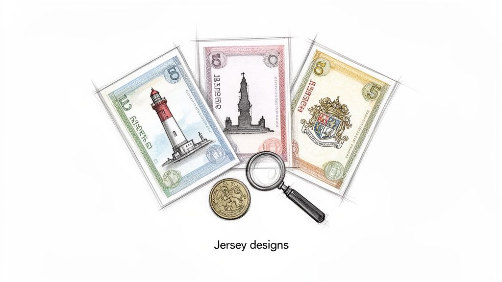 Sketched Jersey currency designs feature banknotes with a lighthouse, building, and coat of arms, alongside a coin and magnifying glass.