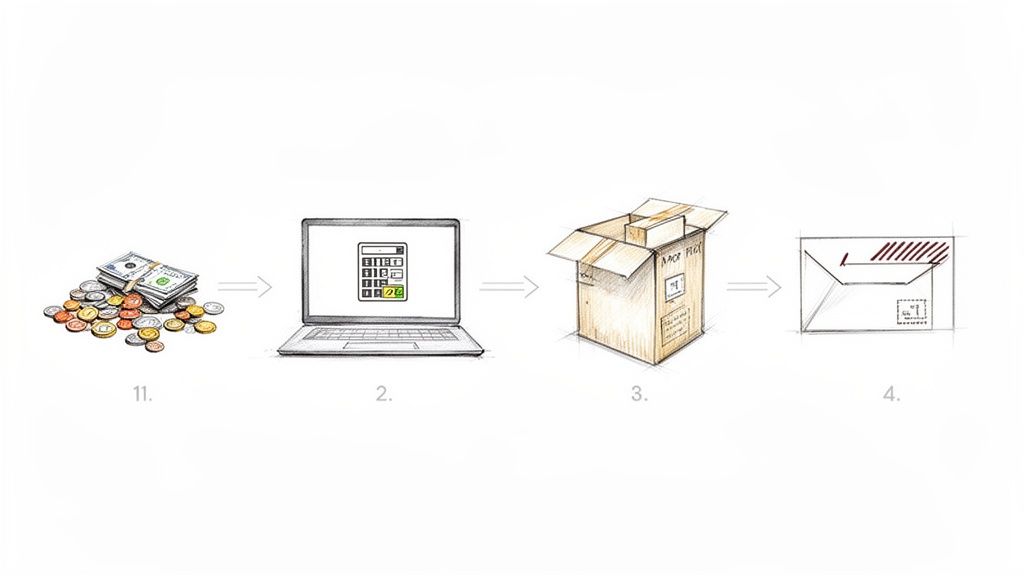 Illustration of selling currency: money, calculator on laptop, shipping box, and mail envelope.
