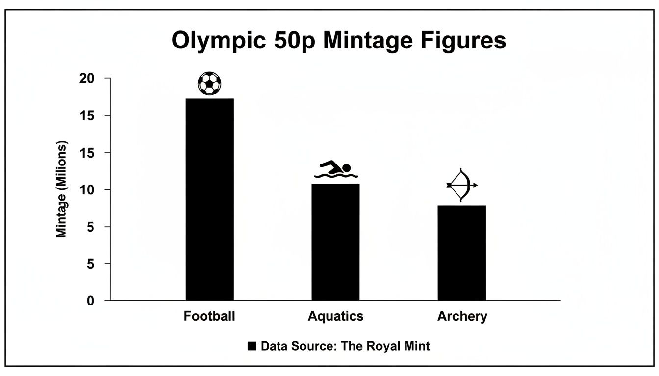 Bar chart displaying Olympic 50p coin mintage figures for Football, Aquatics, and Archery sports.
