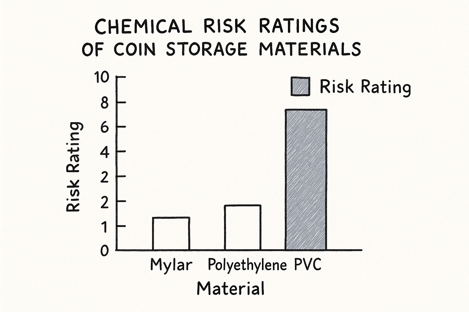 Infographic bar chart comparing the chemical risk ratings of Mylar, Polyethylene, and PVC for coin storage.