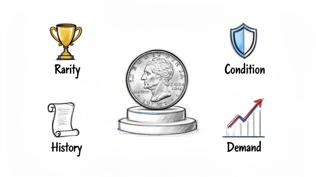 An illustration showing a coin on a pedestal surrounded by icons for rarity, condition, history, and demand.